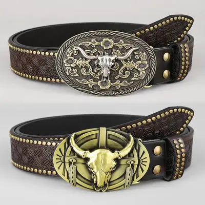 Western cowboy belt, youth punk style embossed men's studded leather belt, wholesale ethnic style belt in stock.