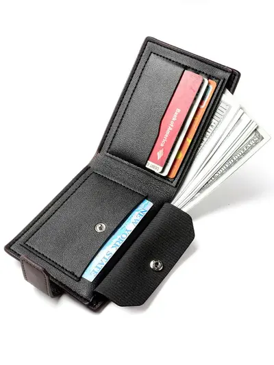 Men's Short Bifold Wallet, Retro Snap Closure Leather Coin Purse - 4