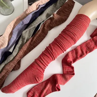 Retro Gri Yeşil Diz Üstü Çorap, Kadın İnce Bahar Sonbahar Modeli, Mor Çizgili