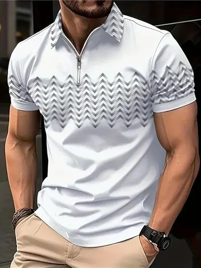 Men's 3D Gradient Print Zip Polo Shirt, Short Sleeve, Plus Size - 8