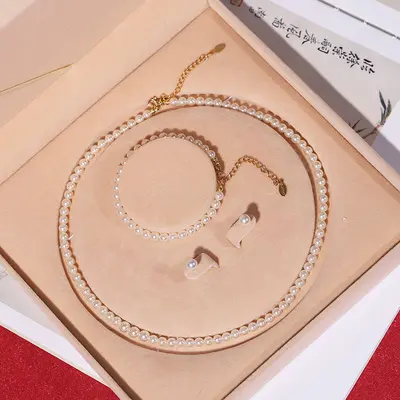 Natural Pearl Necklace Set Three-Piece Women's Collarbone Chain - 11