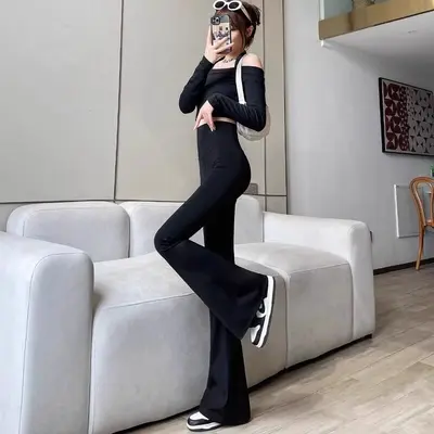 Damen-Mikro-Flare-Haifischhose, hohe Taille, dünn, elastisch - 7