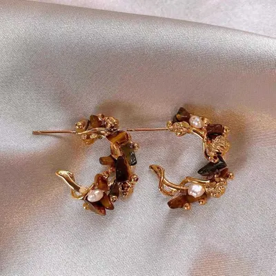 Tiger gözü taşı zirkon püskül küpe, kahve rengi - 9