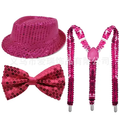1970s Disco Party Sequin Hat, Gloves, Bow Tie and Shoulder Straps Set - 9