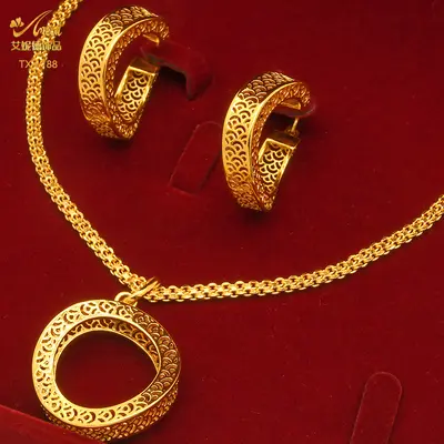 24K altın kaplı bakır takı seti kolye küpe geometrik - 3