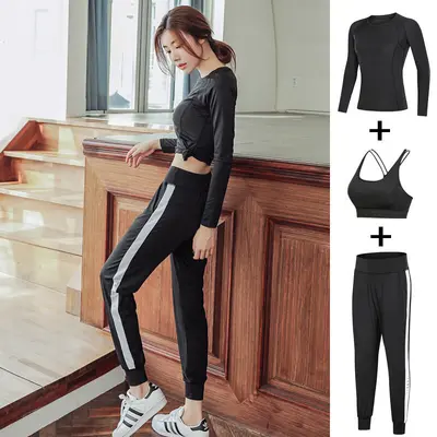 2024秋季运动服套装女款透气速干瑜伽服三件套长袖哈伦裤健身服女 - 8