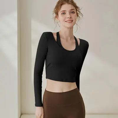 Women's Yoga Top, Halter Design, Chest Pad, Long Sleeve - 11