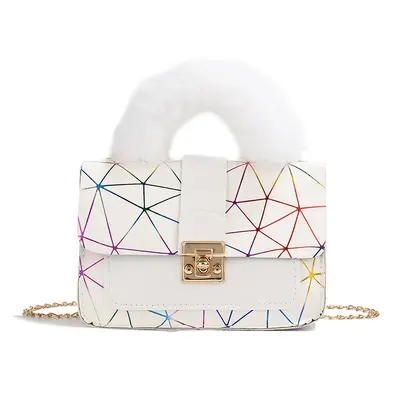 Women's Chain Handbag, Geometric Print Plush, Small Square Design - 6