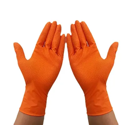 Extra dicke orange Nitrilhandschuhe mit Diamantmuster, wasserdicht und ölbeständig