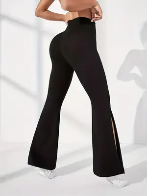 Damen High-Waist-Leggings mit Schlitz und Schlag, Schwarz