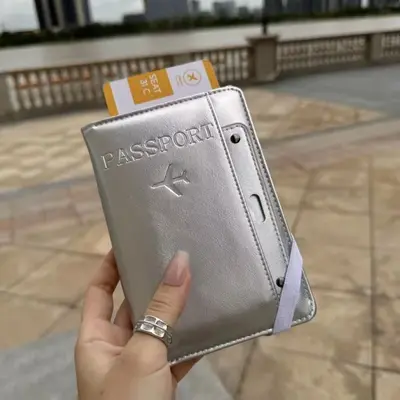 RFID passport holder, leather, silver, lightweight