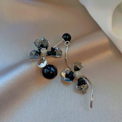 Silver heart butterfly earrings, black zircon, vintage - 9