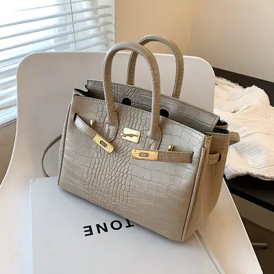 Crocodile Pattern Women's Kelly Handbag, Large Structured Bag
