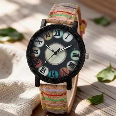 Women's watch, wooden grain leather strap, digital display - 11