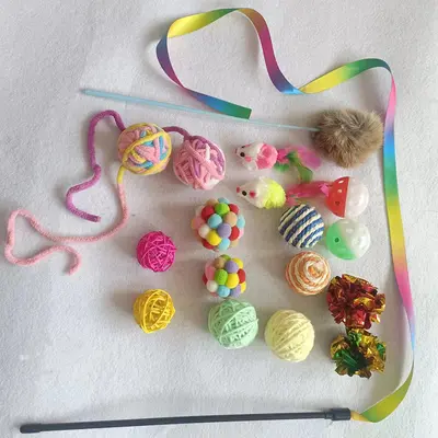 18 Parçalı Renkli Kedi Oyuncak Seti, Plastik Tüylü Toplar, Isırma ve Sesli Oyun Topu