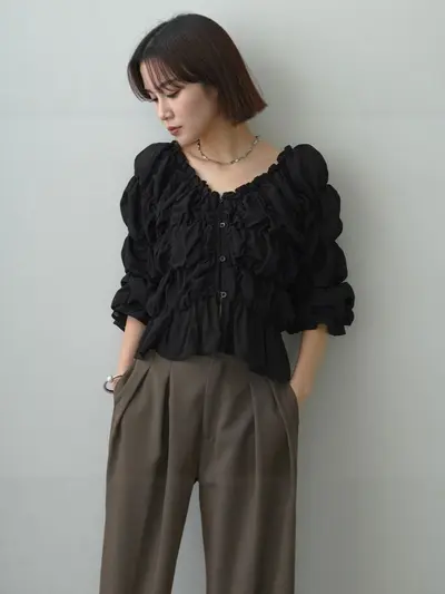 Women's flared sleeve pleated long sleeve chiffon blouse - 3