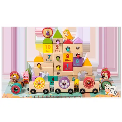 Wooden farm building blocks with number and shape recognition