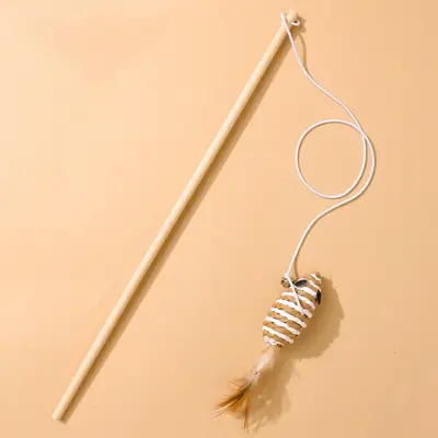 Burlap Mouse Wooden Stick Cat Teaser Wand, Interactive Handheld Cat Toy - 11