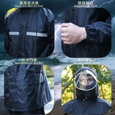 Regenmantelsatz für Grenzüberschreitung Outdoor Pendeln Baustelle Straßenreinigung Radfahren Zweiteiliger Regenmantel Raincoat-Black