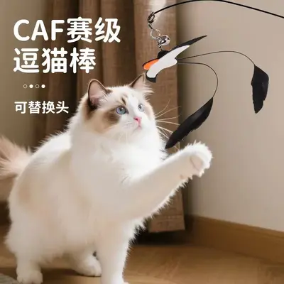 Cat Teaser Wand with Replacement Feather Head, Long Pole, Simulated Swallow - 1
