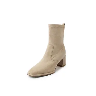 Women's Chunky Heel Stretch Suede-Look Short Boots, Slim Fit