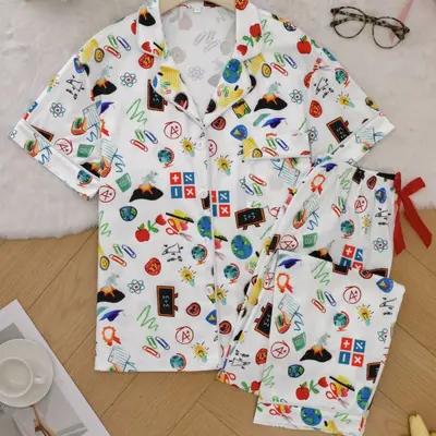 Women's Printed Short-Sleeve Pajama Set, Wearable Outdoors