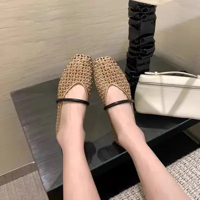 Retro Woven Roman Square Toe Women's Flat Shoes, Single Strap, Cut-Out Design - 8