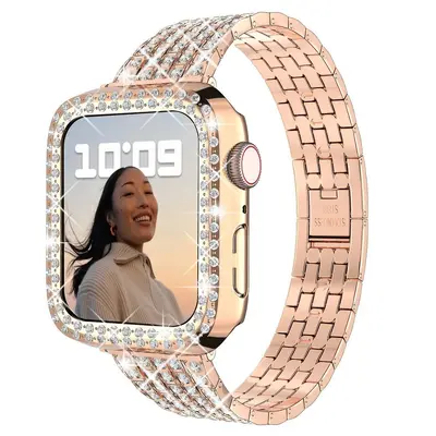 Apple Watch 12345678 uyumlu metal kordon, tam taşlı, beş boncuklu