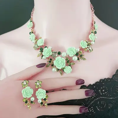 Umweltfreundliches vollständig mit Steinen besetztes Kamelie-Halsketten-, Armband- und Ohrring-Set, Palast-Stil leichte Luxus-Kleidung, Nischen-Perlen-Schlüsselbein-Ketten-Zubehör. - 12