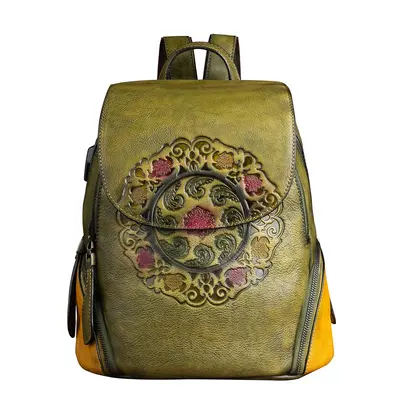 Cowhide Backpack, Embossed, Retro Chinese Style - 8