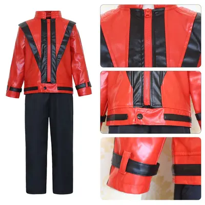 Çocuk Jackson Thriller cosplay takımı, kırmızı siyah deri ceket ve pantolon