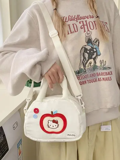 Women's Handbag with Apple Embroidery and Cat Design Portable Casual Shoulder Bag - 4