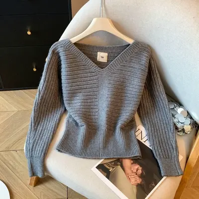 Damen-Strickpullover, einfarbig, V-Ausschnitt, Rippstrick, langärmlig, taillenbetont - 8