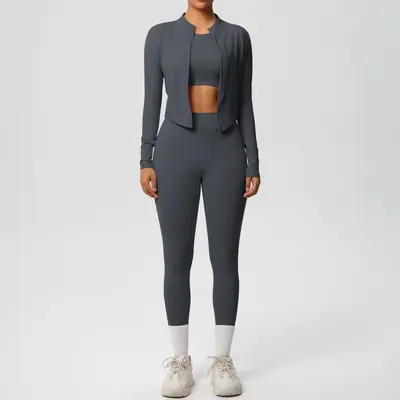 Solid Color Brushed Tight Fitness Jacket Three-Piece Set for Women - 12