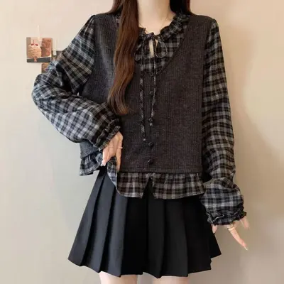 Women's Plus Size Plaid Patchwork Shirt, Tummy-Concealing Fake Two-Piece - 7