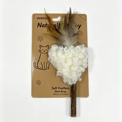 Natural Wool Cat Teaser Wand with Feathers, Teeth Cleaning Toy - 9