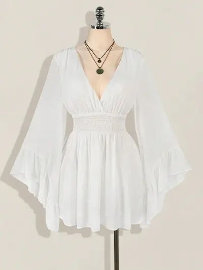 Deep V-Neck Waist-Cinching Short Flared Sleeve Mesh Dress, Solid Colour