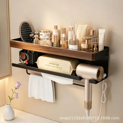 Walnut Wood Bathroom Hair Dryer Shelf with Towel Organizer