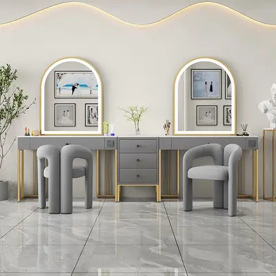 Cream-Style Studio Makeup Vanity Table with Lights - 13