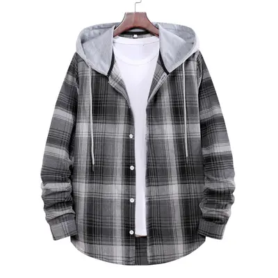 Men's Loose Plaid Hooded Shirt, Plus Size