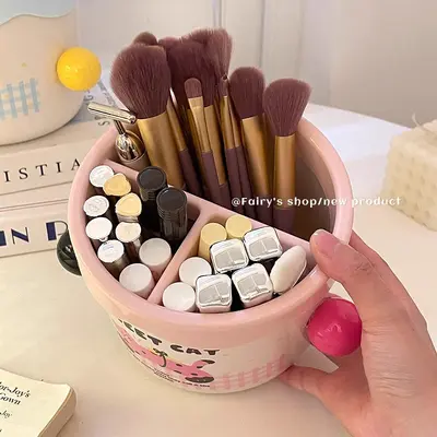 Vanity cosmetics storage box with lipstick, eyeshadow and brush organizer