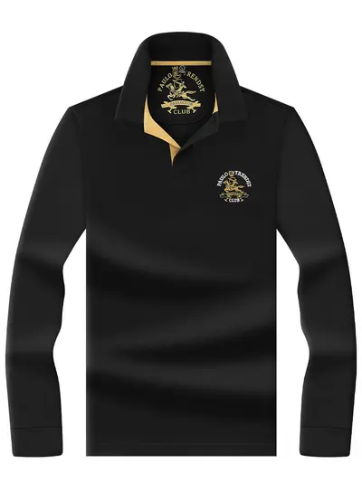 Men's 100% Mercerized Cotton Polo Shirt, Embroidered Small Horse Logo, Long-Sleeve - 5