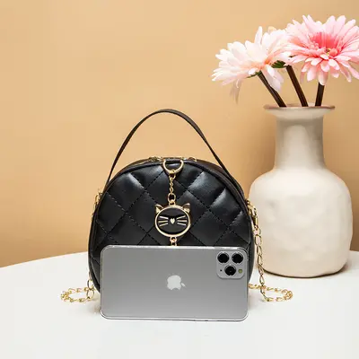 Diamond Quilted Mini Chain Women's Handbag, Small Round Bag - 4