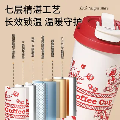 316 Edelstahlthermosbecher, hochwertiges spezielles Geschenk, Auto-Thermosbecher, Kaffeetasse, Becher mit Perlmutt-Blumenmuster, mit Trinkhalm - 5