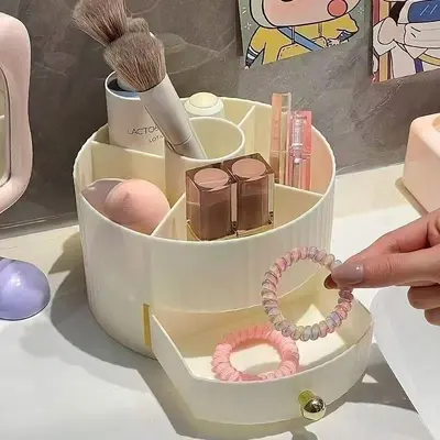 Rotating cosmetics storage box, desktop makeup organizer with drawer - 3