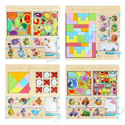 Wooden educational maze puzzle toy 3-in-1