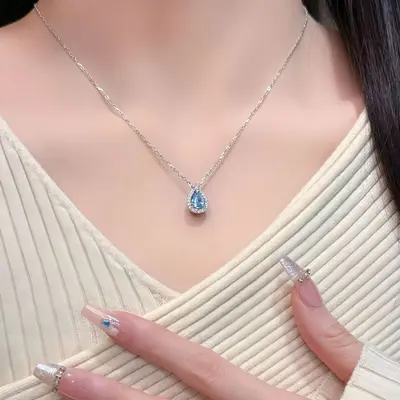 S999足银蓝眼泪项链轻奢小众时尚水滴吊坠纯银锁骨链送女朋友礼物