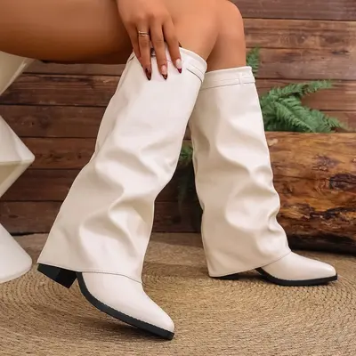 Damen-Modestiefel mit plissiertem Schaft, Blockabsatz, Große Größen - 4