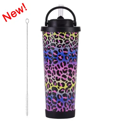 Neue 830-ml-Thermoskanne mit großer Kapazität, praktischer Griff, Einzelbecher, doppelwandiger Trinkbecher, großes Loch, bedruckter Strohhalm-Becher - 11