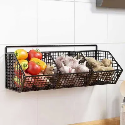 Kitchen wall mounted storage shelf for onion, ginger and garlic, iron art shelf, no drilling hanging spice rack, wall mounted drainage basket.